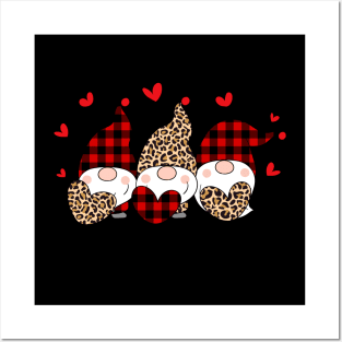 Three Gnomes Holding Hearts Happy Valentines Day 2021 leopard Red plaid Posters and Art